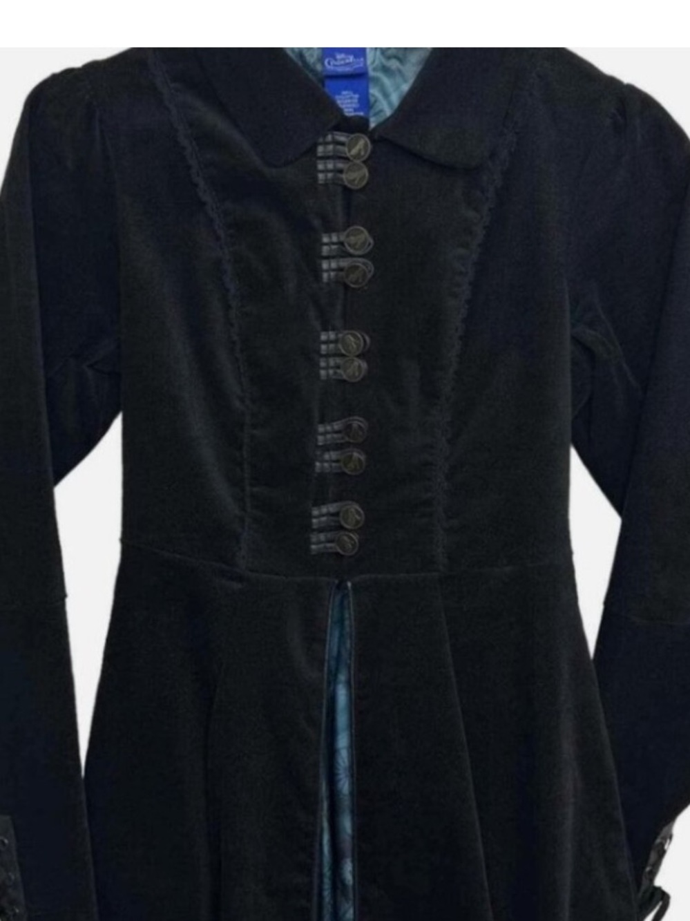 Black Long Velvet Duster Coat with Blue Satin Lining - Picture 2 of 6